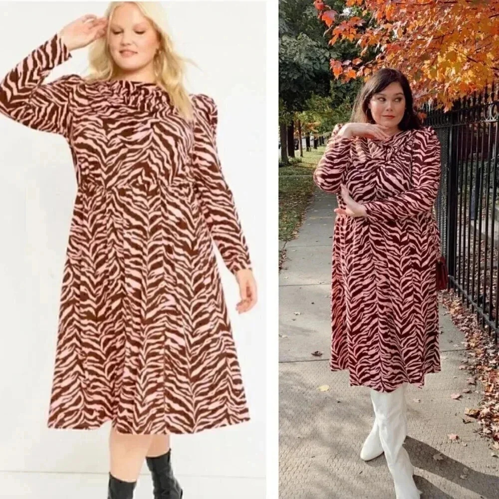 NWT Eloquii Pink Purrfect Stripe Scarf-Neck Midi Dress Animal Print